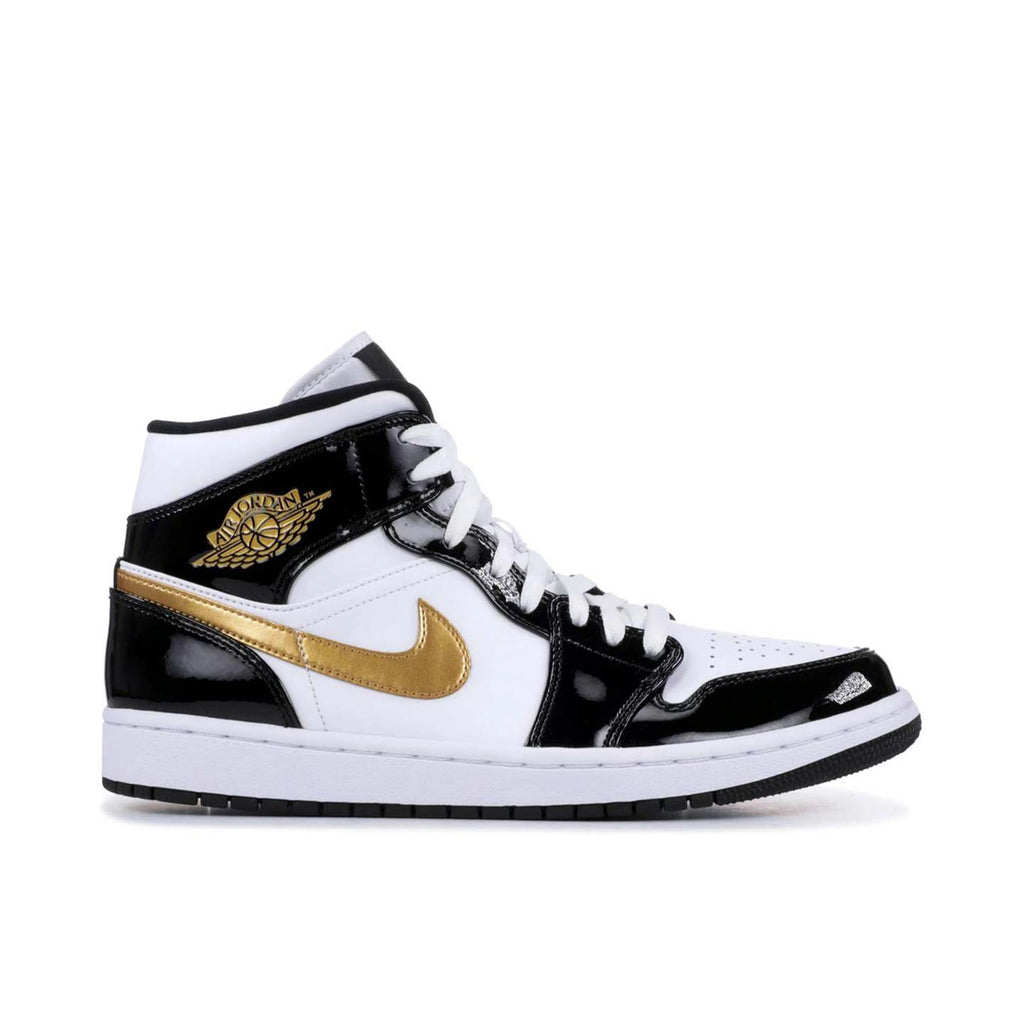 JORDAN 1 MID x PATENT BLACK WHITE GOLD