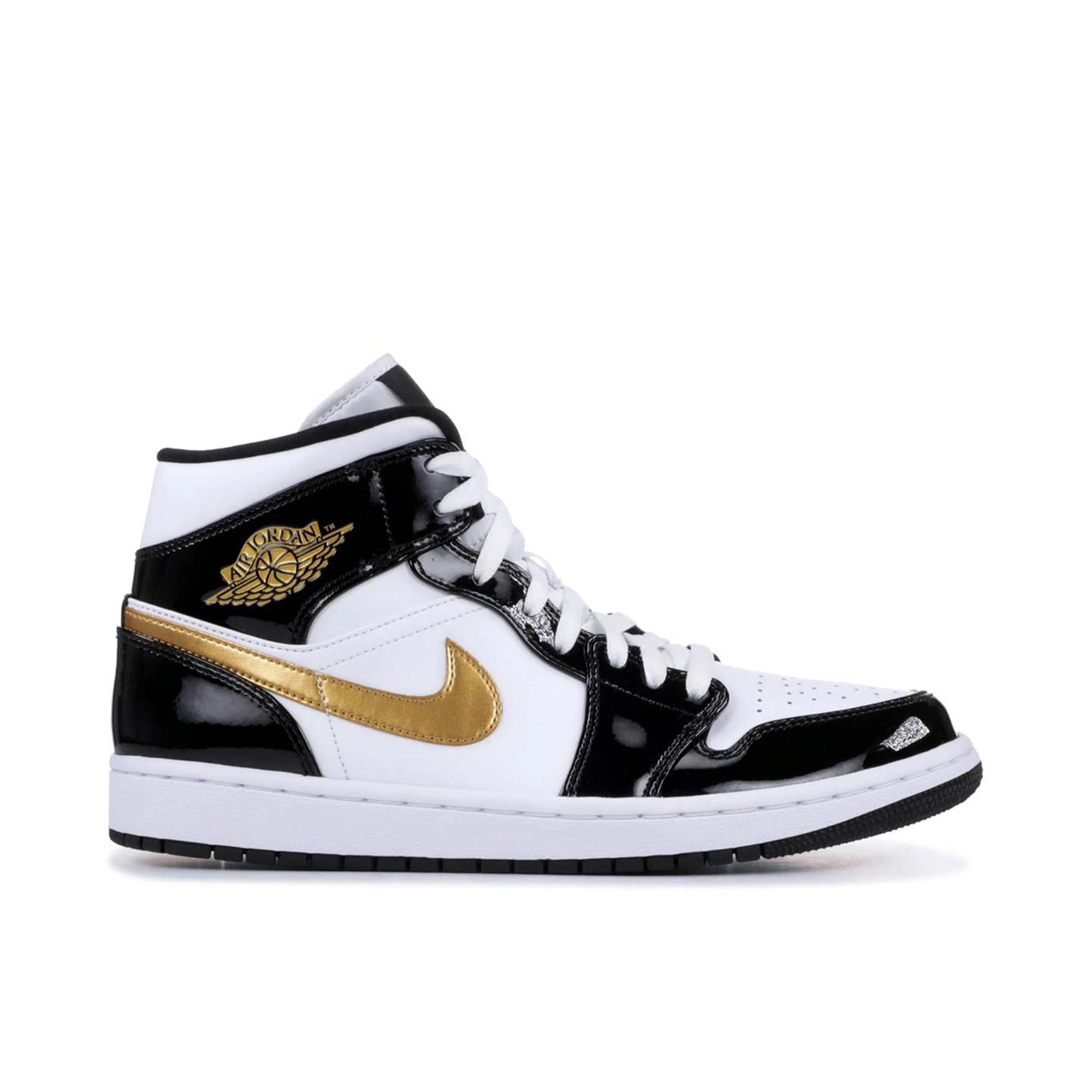 JORDAN 1 MID x PATENT BLACK WHITE GOLD
