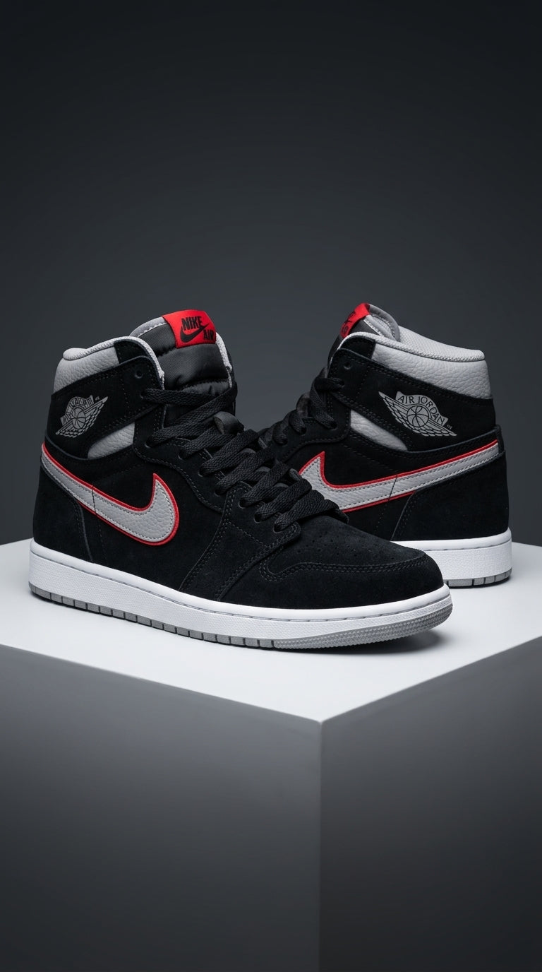 JORDAN 1 MID x BLACK PARTICLE GREY GYM RED