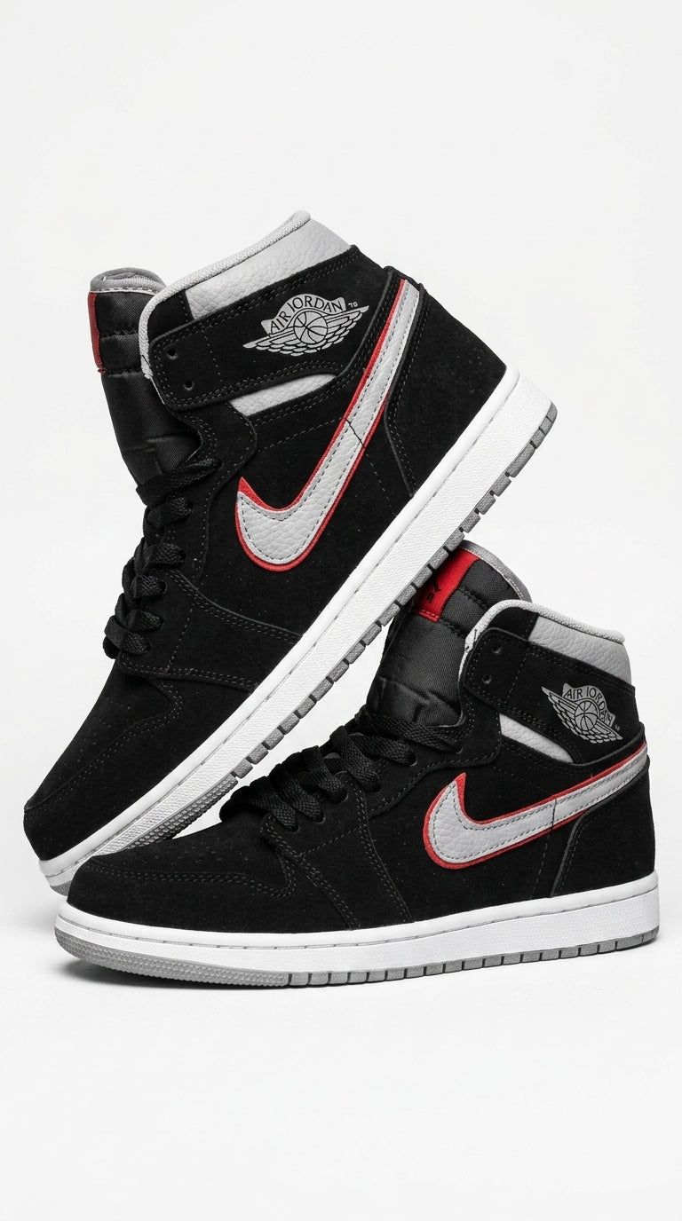 JORDAN 1 MID x BLACK PARTICLE GREY GYM RED