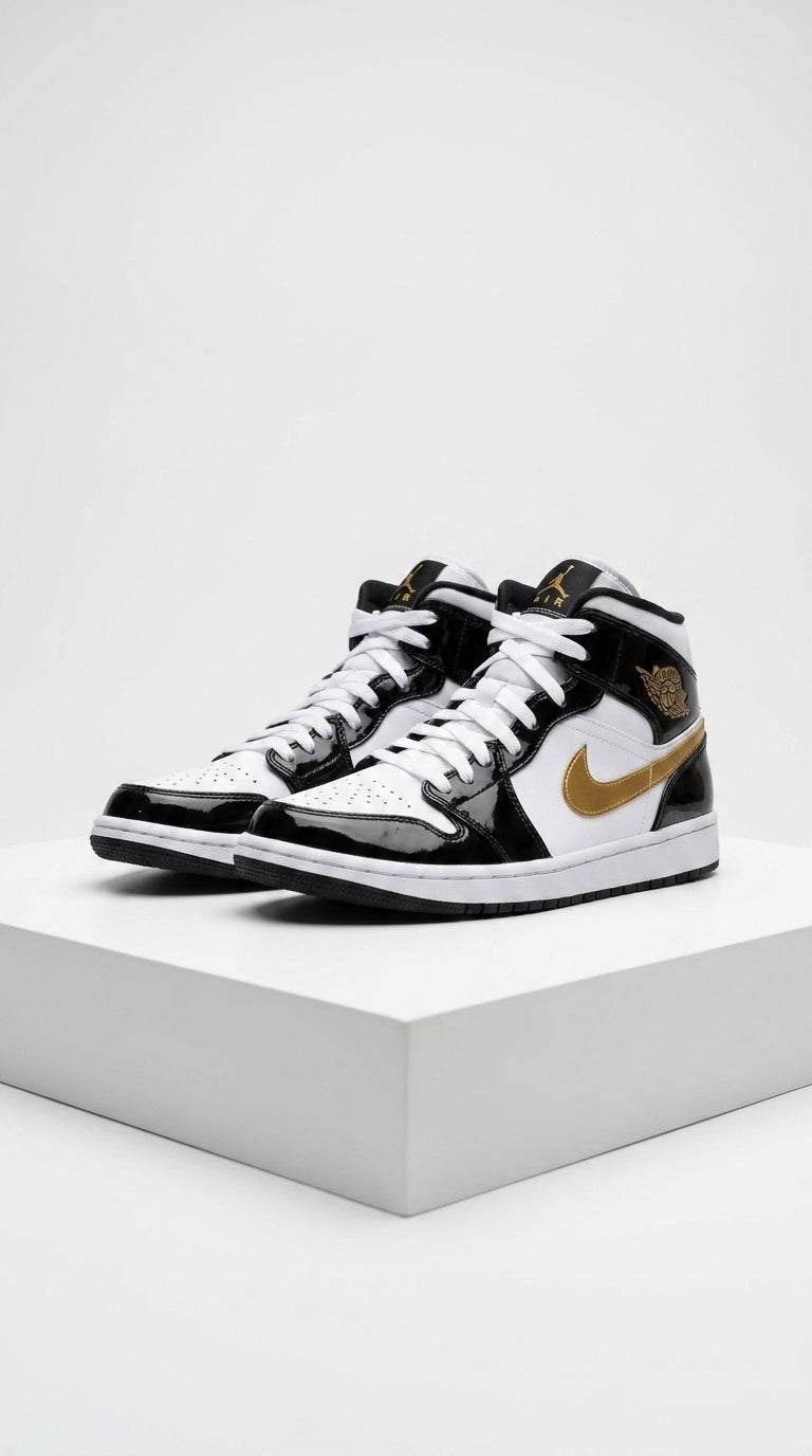 JORDAN 1 MID x PATENT BLACK WHITE GOLD