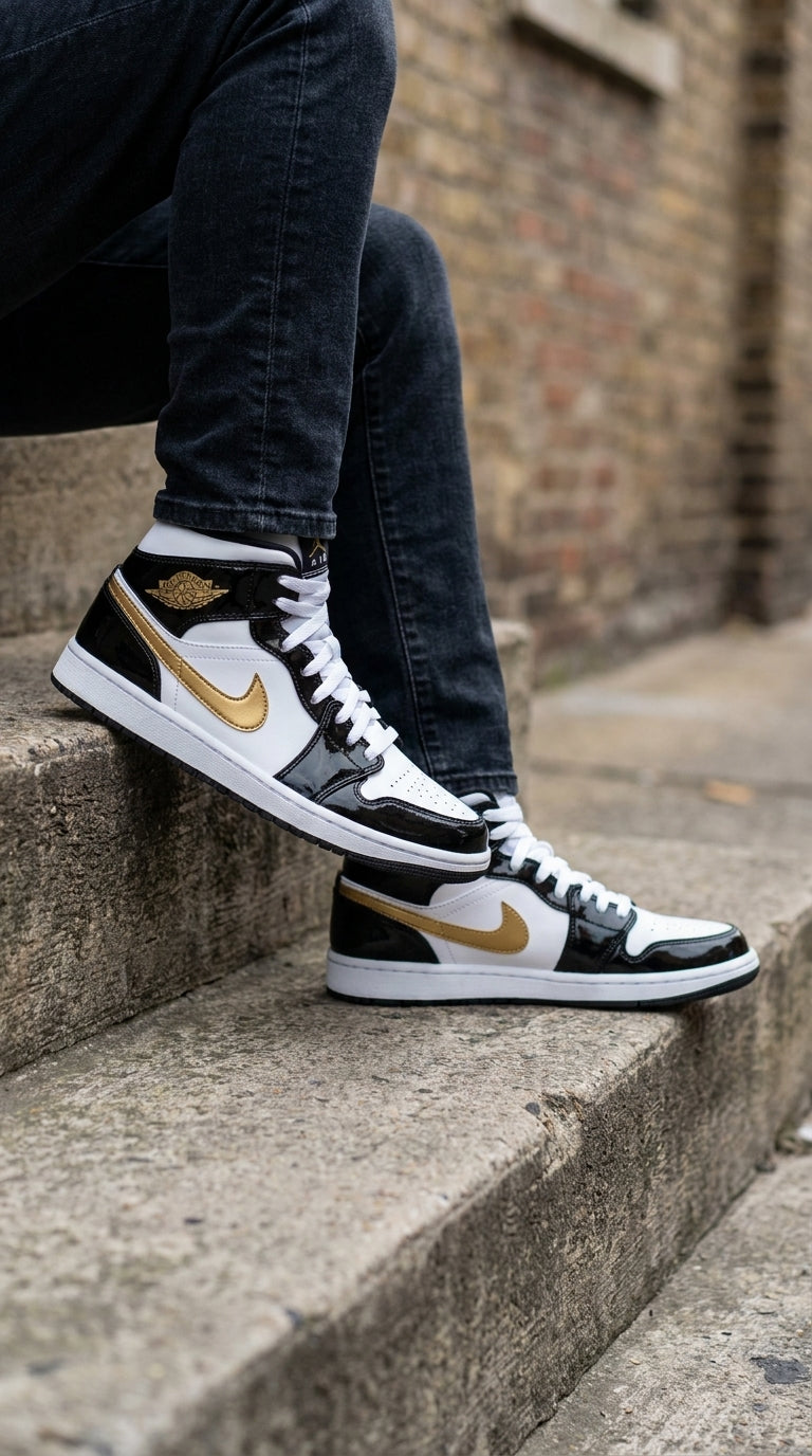 JORDAN 1 MID x PATENT BLACK WHITE GOLD