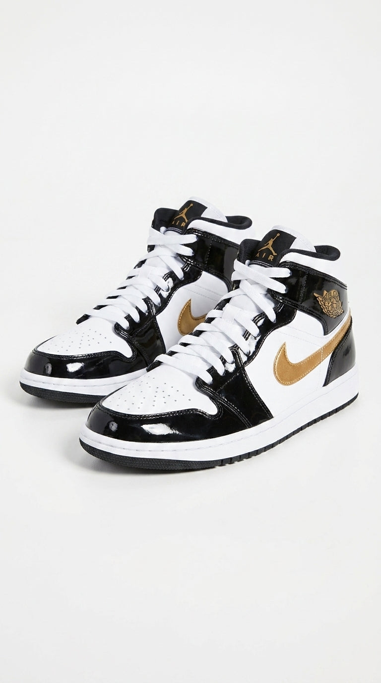 JORDAN 1 MID x PATENT BLACK WHITE GOLD