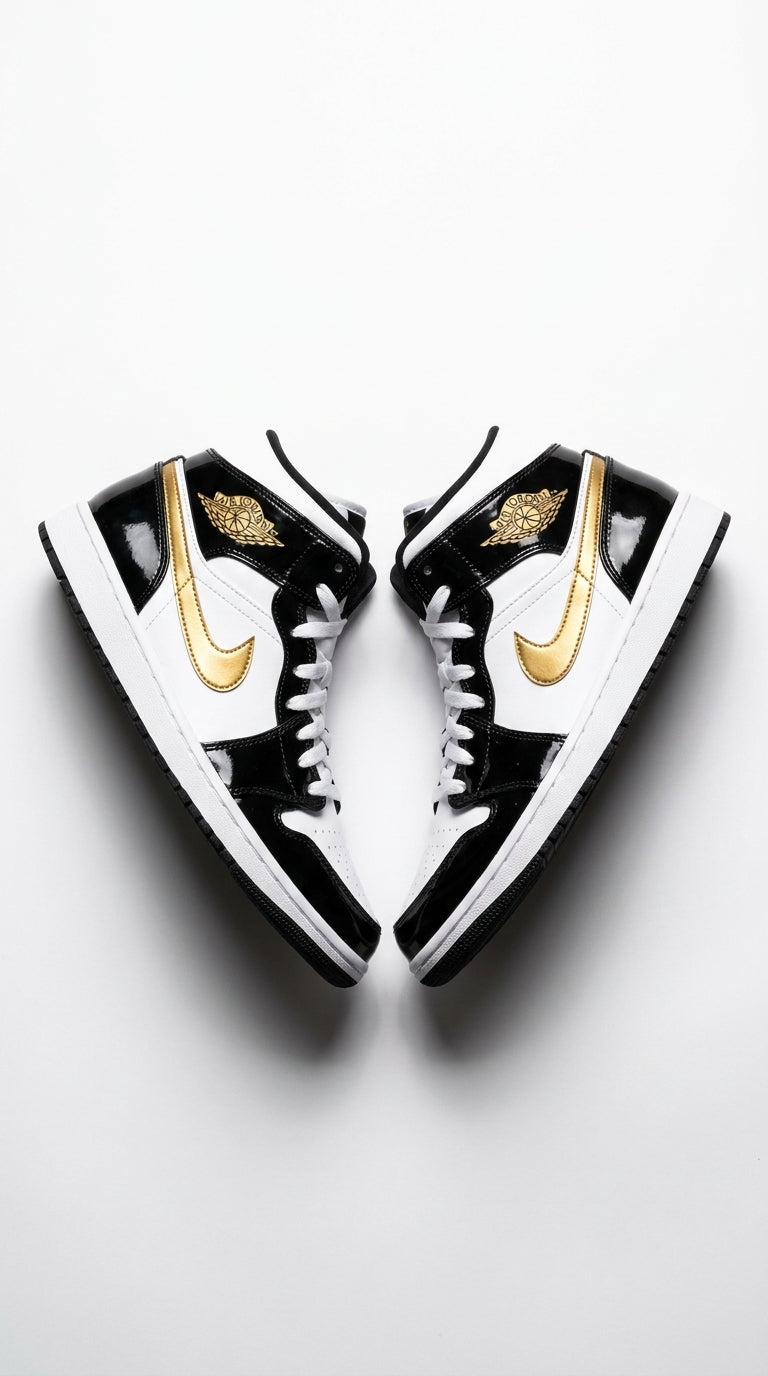 JORDAN 1 MID x PATENT BLACK WHITE GOLD