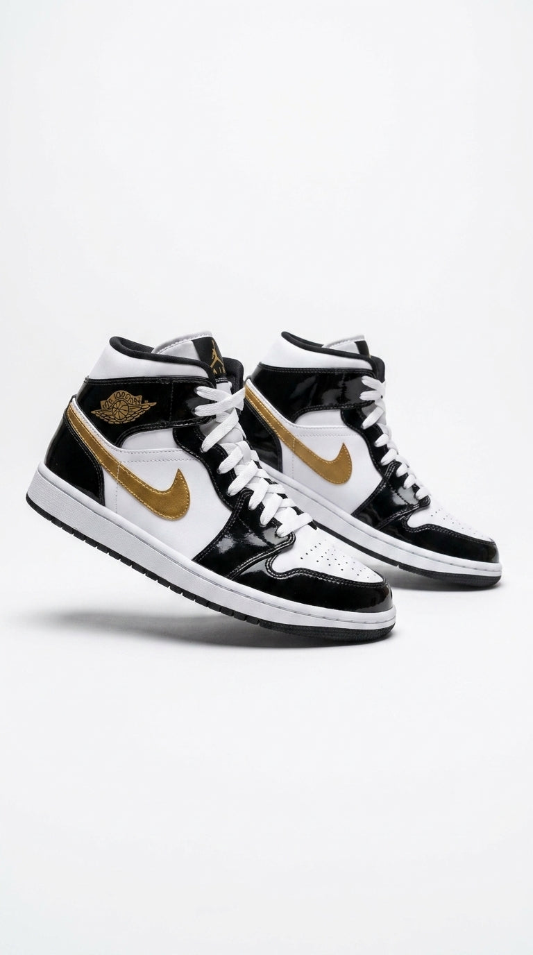 JORDAN 1 MID x PATENT BLACK WHITE GOLD