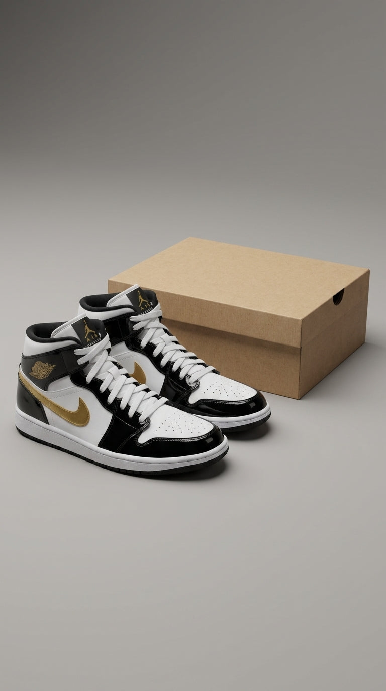 JORDAN 1 MID x PATENT BLACK WHITE GOLD